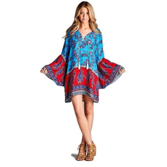VELZERA Paisley Bell Sleeve Dress, Turquoise - Picture 1 of 4